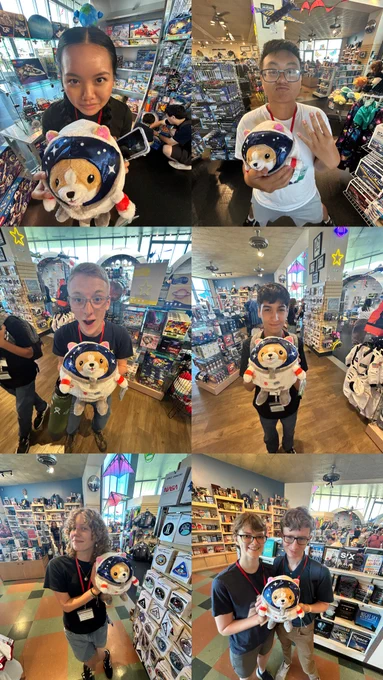 Collage of WAS Scholars & Mentor holding our temporary mascot, Doggie, in a store! 