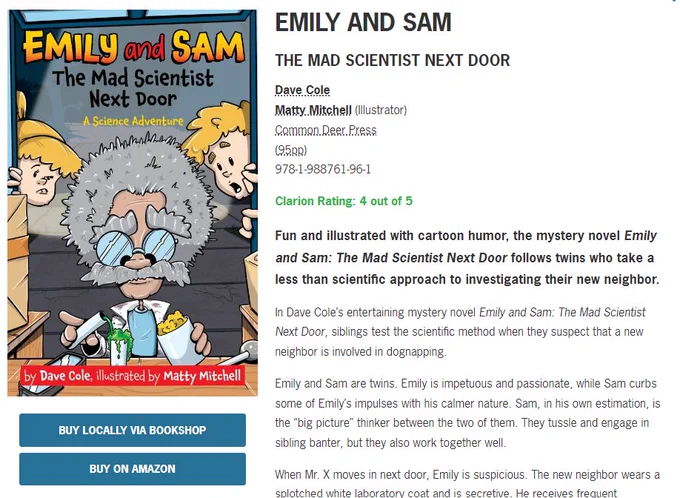⭐Review of Emily and Sam: The Mad Scientist Next Door
By David Cole and illustrated by Matty Mitchell

"An educational mystery novel, Emily and Sam: The Mad Scientist Next Door introduces a spirited duo who test their skills in their search for missing dogs, learning how to be good neighbors along the way."

Read the full review:https://www.forewordreviews.com/reviews/emily-and-sam/
