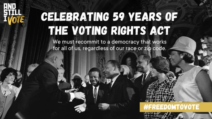 Celebrating 59 years of the Voting Rights Act. We must recommit to a democracy that works for all of us, regardless of our race or zip code. 