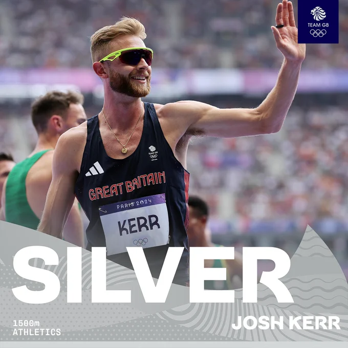 Graphic showing Josh Kerr winning 1500m silver at Paris 2024.