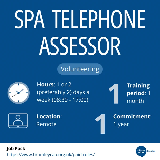📞 Want to be the voice that helps others?

Join us as a Telephone Assessor in our SPA team!

💼 Commitment: 1 or 2 days a week (08:30 to 17:00)

🏠 Location: Remote

📅 Training Period: 1 month

⏳ Duration: 1 year commitment

Make an impact from the comfort of your home! 🏡

🌠Apply today: https://www.bromleycab.org.uk/volunteering-with-citizens-advice/

#TelephoneAssessor #RemoteWork #HelpFromHome #CitizensAdviceBromley #CommunityService