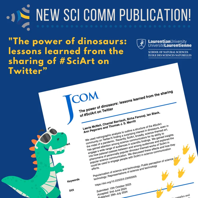 Publication announcement for a new JCOM paper titled the power of dinosaurs: lessons learned from the sharing of #SciArt on Twitter. The paper is being held up by a cartoon dinosaur wearing sunglasses, and despite leaving his footprints across the abstract he is not a coauthor.