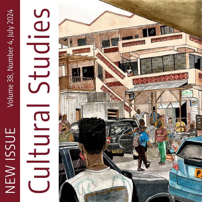 The words "NEW ISSUE - Volume 38, Number 4, July 2024" and "Cultural Studies" are placed vertically on the left side of the image. On the right, there is a graphic of a watercolor artwork of a Car Park in Grenada, with several cars parked outside of a building and a community of black individuals interacting with each other. 