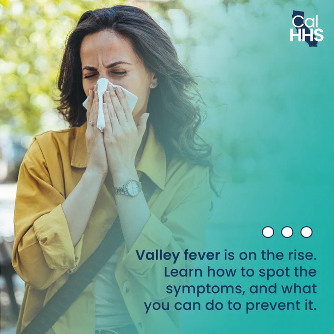 Woman sneezing into a tissue outdoors along with text that says "Valley fever is on the rise. Learn how to spot the symptoms and what you can do to prevent it."
