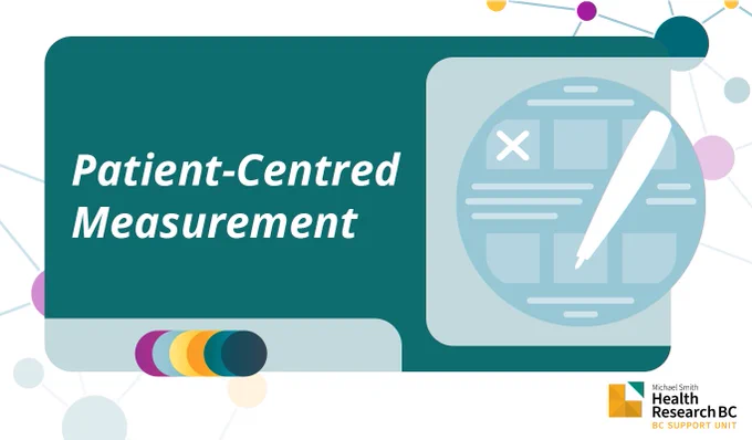 Colourful graphic representing patient-centred measurement, with an illustration of a pen filling out boxes on a questionnaire.