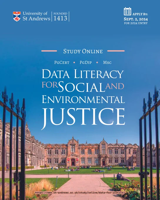 Applications are being sought for the online #PgCert/#PgDip/#MSc programme in Data Literacy for Social and Environment Justice.

Deadline for new applications is September 2, 2024.
