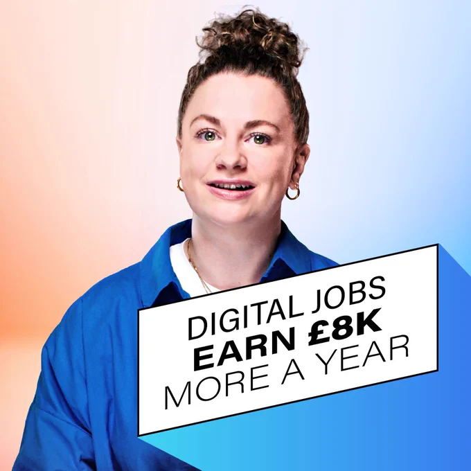 Gradient background with a women standing and smiling in the centre. There is text in a white text box at the bottom right of the image.