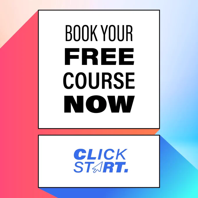 Gradient background with two white text boxes in the centre. One has black text inside, and the other has the Click Start logo.