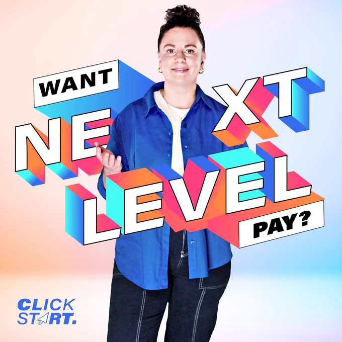 Gradient background with a women standing and smiling in the centre. There is text around her.