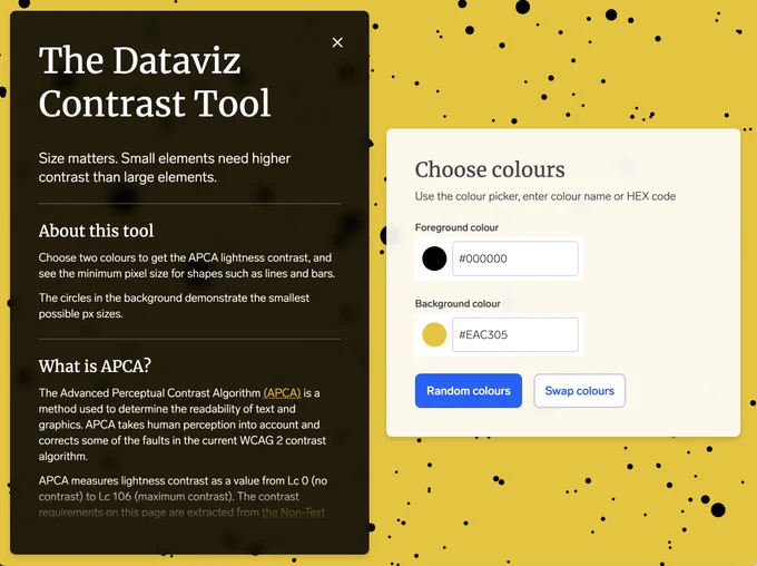 A website with the title 'The Dataviz Contrast Tool', some descriptive text, and two input fields for entering a colour combination.