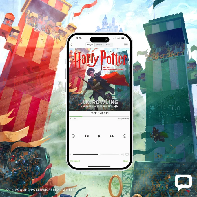 Mobile phone playing eaudiobook of Harry Potter and the Philosopher's Stone with Gryffindor and Slytherin Quidditch scene in the background