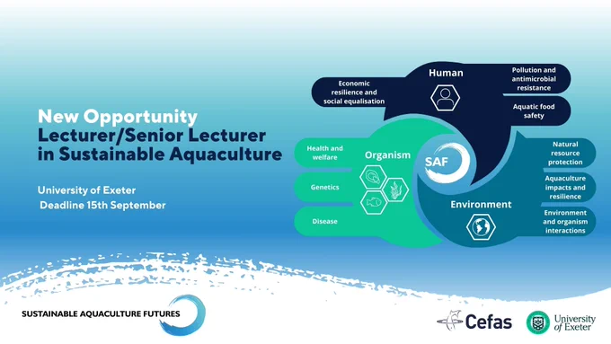 Advertisement featuring an infographic for a Lecturer/Senior Lecturer position in Sustainable Aquaculture at the University of Exeter, explaining key focus areas like human health, genetics, environment, and organism data, with logos of Cefas and the University of Exeter visible.