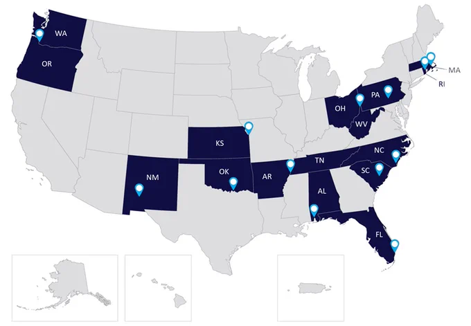 Map of the United States highlighting several states in dark blue and marked with blue pins, indicating significant locations or data points relevant to the map's specific theme.