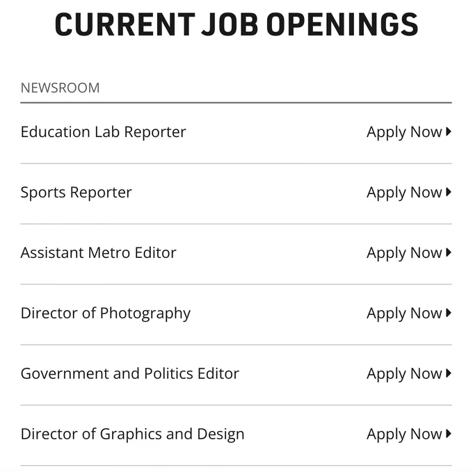 Screen capture of the Seattle Times' current job openings, listing the following positions:
Education Lab Reporter
Sports Reporter
Assistant Metro Editor
Director of Photography
Government and Politics Editor
Director of Graphics and Design
