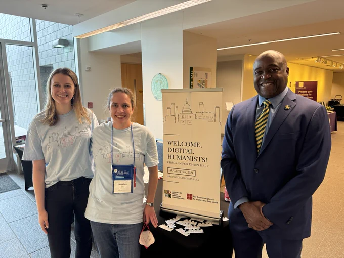 (Left to right) Bridget Bukovich, Jessica Otis, and GMU President Gregory Washington at DH2024.
