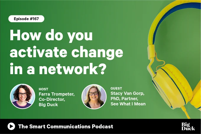 IMAGE ID: Green graphic with image and text: The Smart Communications Podcast EP167 How do you activate change in a network?