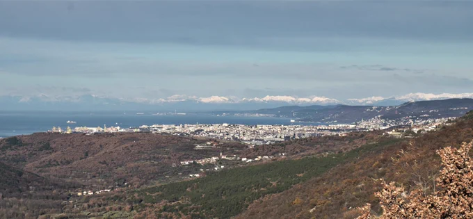 A view of the city of Trieste, the Gulf of Trieste and the Alps