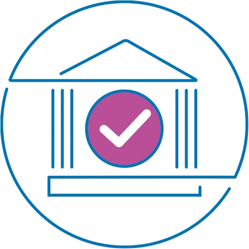 Illustration of a museum building with a tick mark in the middle