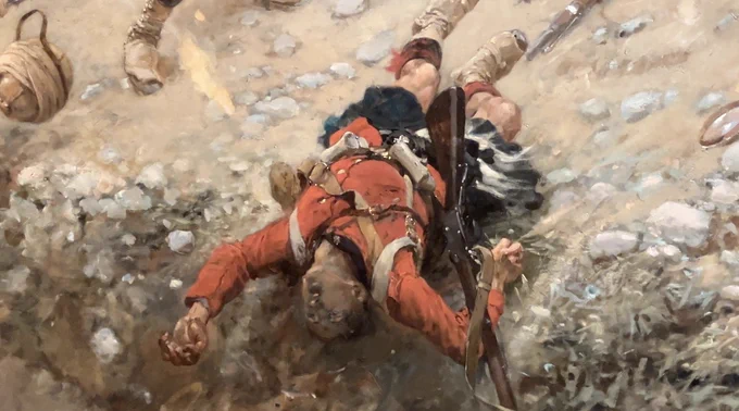 A detail of a painting. A soldier, dressed in a red coat, dark green kilt, sporran and boots, is pictured mid fall while being thrown headfirst backwards down a steep slope, one hand is raised above his head, the other, tangled in the strap of his rifle, grasps at a tuft of grass. His face wears a shocked and deathly expression. A pith helmet caught mid air flying to the left.