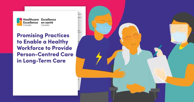 Illustration of a healthcare worker connecting with a patient and their essential care partner, next to a report cover with Healthcare Excellence Canada logo and text “Promising practices to Enable a Healthy Workforce to Provide Person-Centred Care in Long-Term Care.”