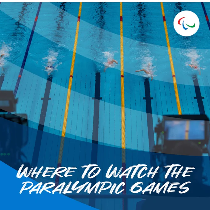 Video cameras capturing athletes swimming in the pool with a graphic overlay and text that reads: Where to watch the Paralympic Games