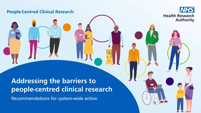 A light blue background with a group of illustrations representing a diverse group of people.

In the bottom left corner is a dark blue half circle with white text that says 'Addressing the barriers to people-centred clinical research - recommendations for system-wide action'. 

In the top left corner is blue text that says 'People-Centred Clinical Research' and in the top right corner is the HRA logo. 