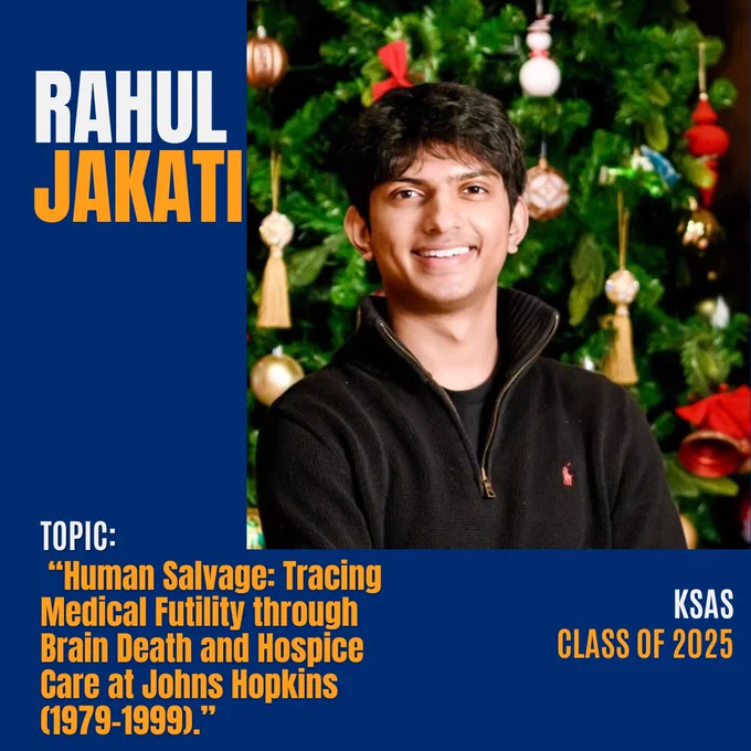 Headshot of a young man standing in front of a decorated Christmas tree. His name, Rahul Jakati, in white and yellow text at the top. Also, his research topic, school, and class year are at the bottom of the image.