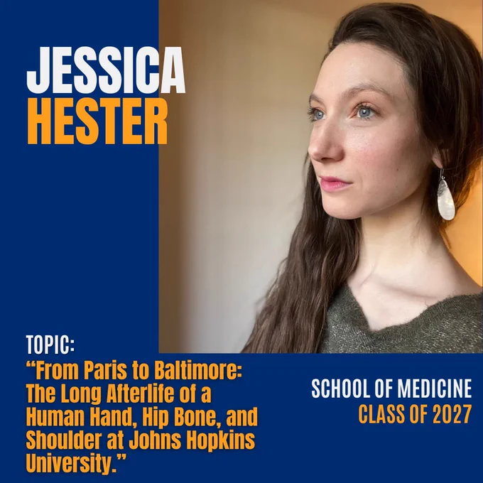 Headshot of a young woman with long, dark hair stares off to the left. Her name, Jessica Hester, in white and yellow text at the top. Also, her research topic, school, and class year are at the bottom of the image. 
