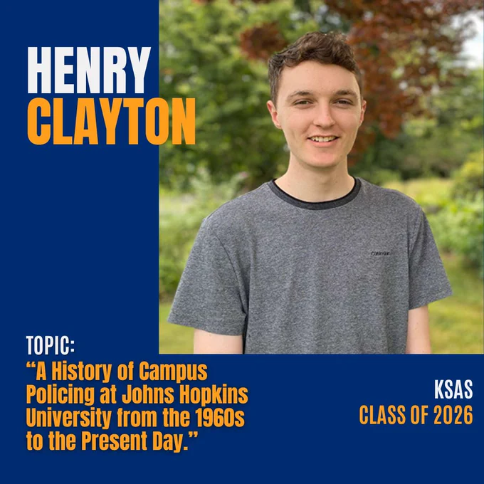 Headshot of a young man wearing a grey shirt with trees, bushes, and grass in the background. His name, Henry Clayton, in white and yellow text at the top. Also, his research topic, school, and class year are at the bottom of the image. 