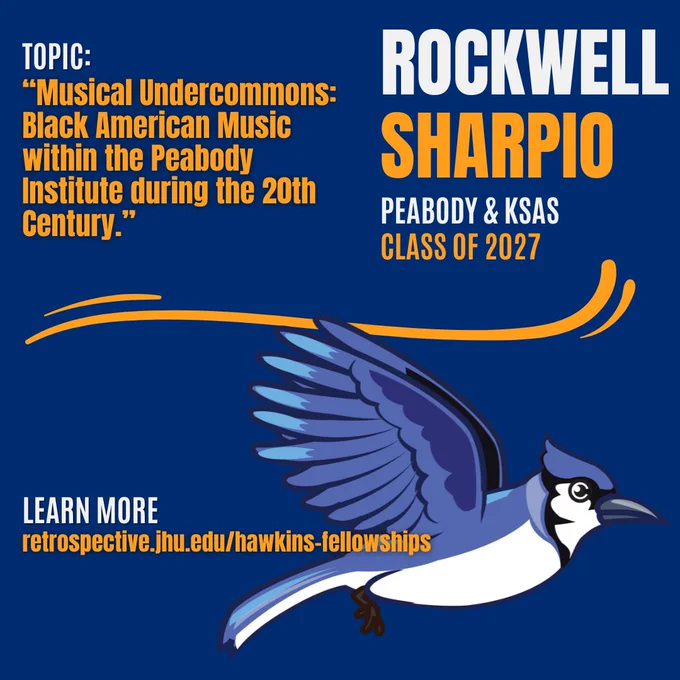 Rockwell Sharpio’s name, research topic, and class year are at the top of the image in white and yellow text. Below it is a drawn image of a blue jay in flight with a link to the Hopkins Retrospective website. 