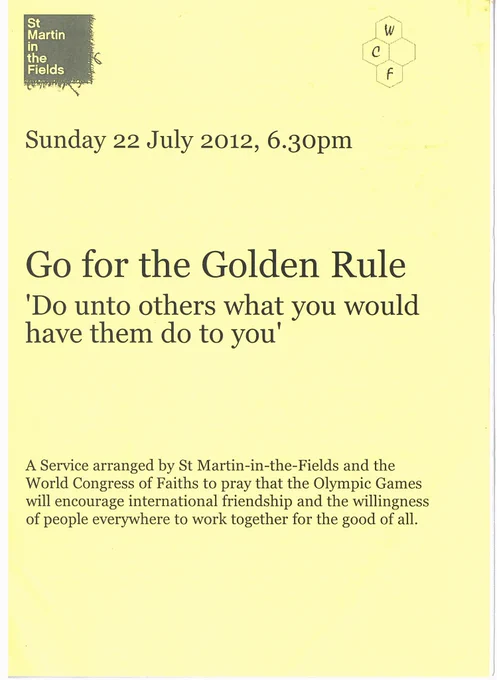 A yellow order of service booklet for a July 2012 interfaith prayer event at St. Martin-in-the-Fields 