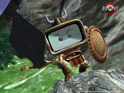 Mike the TV as the Warrior. He's ... a sentient TV, wearing a viking helmet and wielding a round shield and a big sword.