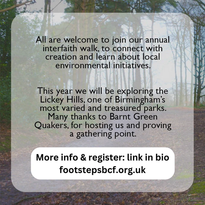 All are welcome to join our annual interfaith walk, to connect with creation and learn about local environmental initiatives. This year we will be exploring the Lickey Hills, one of Birmingham's most treasured parks. Many thanks to Barnt Green Quakers for providing a gathering point. More details & register: link in tweet