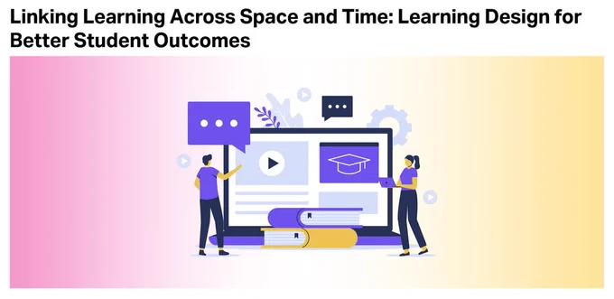 Linking Learning Across Space and Time: Learning Design for Better Student Outcomes - Image of Students near a giant laptop - vector drawing