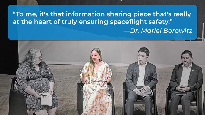 Mariel Borowitz speaking next to three other panelists, with a pull quote above: "To me, it's that information sharing piece that's really at the heart of truly ensuring spaceflight safety." --Dr. Mariel Borowitz 