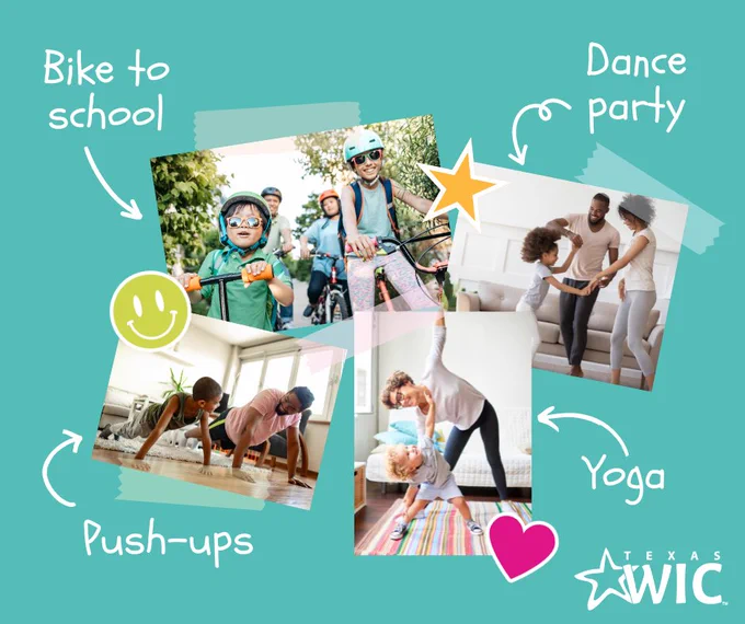 Multiple photo graphs with tape and stickers. Images include a family of four biking and scootering. Both children in this photo have backpacks on and everyone has helmets on. The text by this says "bike to school." Another image has a family dancing in their living room. Text by this image says "dance party." Another image shows a dad demonstrating push-ups to his son. Text by this image says "push-ups." The last image shows a mom and toddler doing yoga. Text by this says "yoga."
