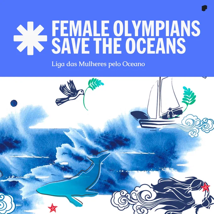 Image description: The image features a vibrant and artistic representation promoting environmental awareness, titled "FEMALE OLYMPIANS Save the Oceans." It includes a stylized blue and white ocean scene with various elements such as a whale, a sailboat, and small representations of aquatic life and vegetation. There are also a few abstract birds in flight. The design incorporates vivid blue splashes and splatters that add to the thematic depth of ocean conservation. A prominent red star is located near the bottom right. The overall composition merges nature with the theme of women Olympians advocating for ocean preservation.