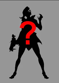 A silhouette of a heroic character holding a weapon of some kind, with their left hand raised with clawlike fingers.
There is a large red question mark on the center of the silhouette.
