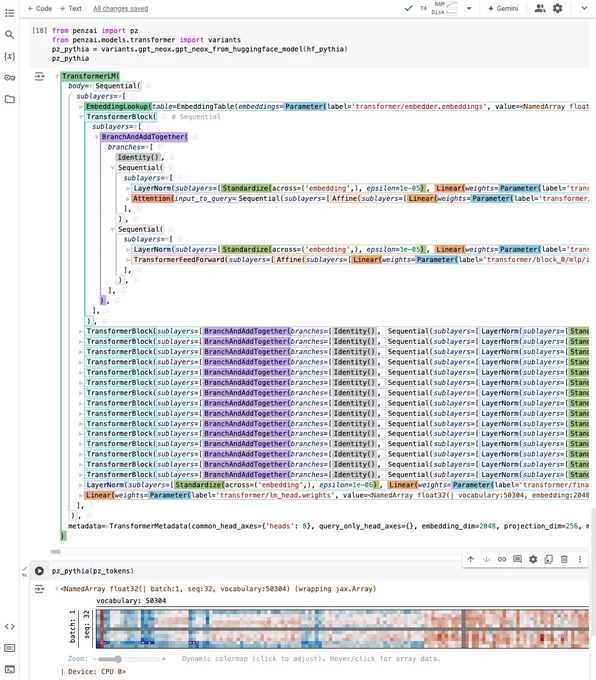 A Google Colab notebook that converts the pretranied Pythia-1B model from HuggingFace to a Penzai model and then visualizes it with Treescope.