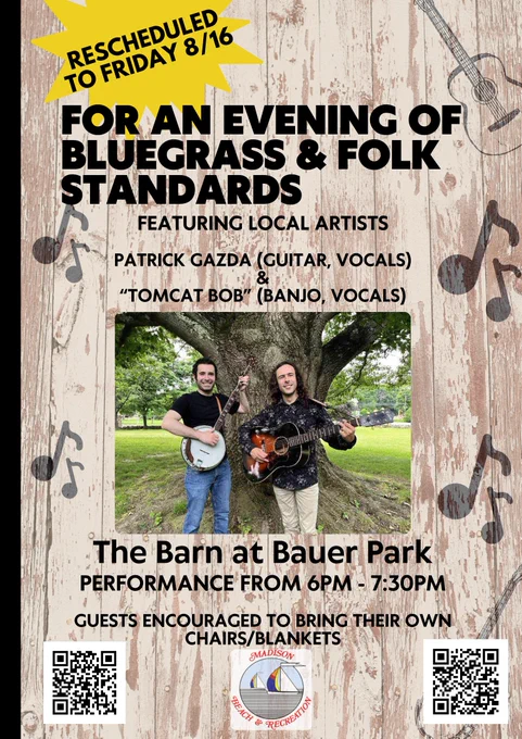 rescheduled to Fri. Aug 16. An evening of bluegrass & folk standards at the Barn at Bauer Park. Please bring your own chair of blanket.