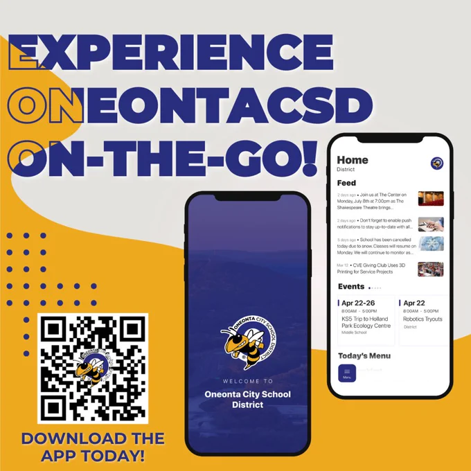 Blue text that reads experience oneontacsd on-the-go! with a QR code