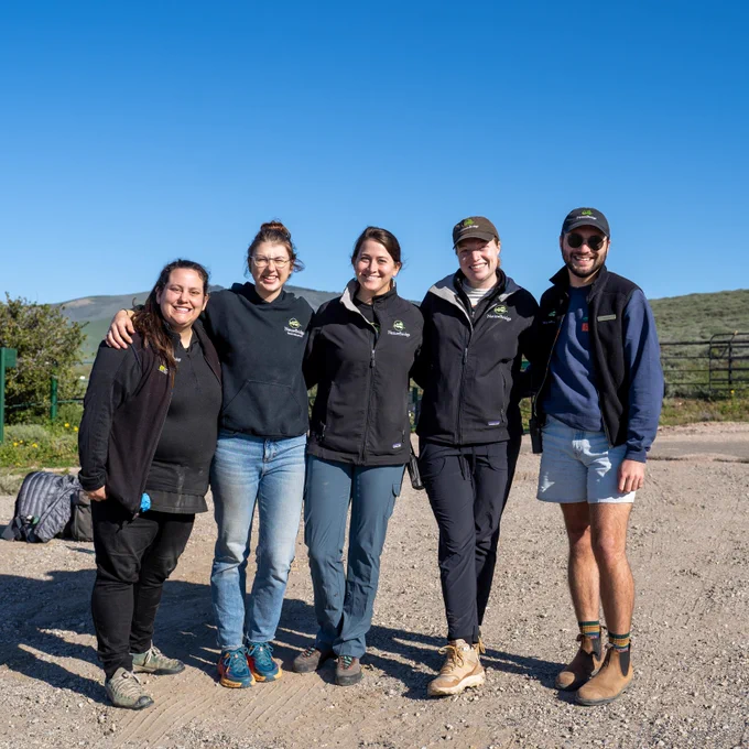 Five NatureBridge staff wearing NatureBridge logos on their clothing stand outdoors in a line with their arms around each other and smile at the camera.