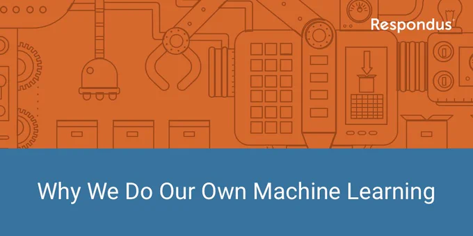 An orange mechanical background with a bluebar at the bottom and white writing on top. The text says ”Why We Do Our Own Machine learning.” 