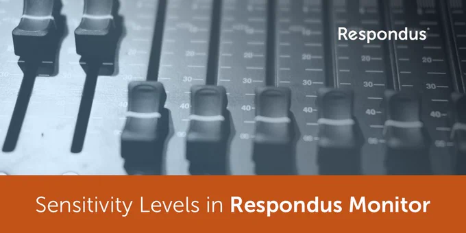 A background image depicts a control panel with levels that can be adjusted. An orange bar across the bottom has white text that says: “Sensitivity Levels in Respondus Monitor.” 