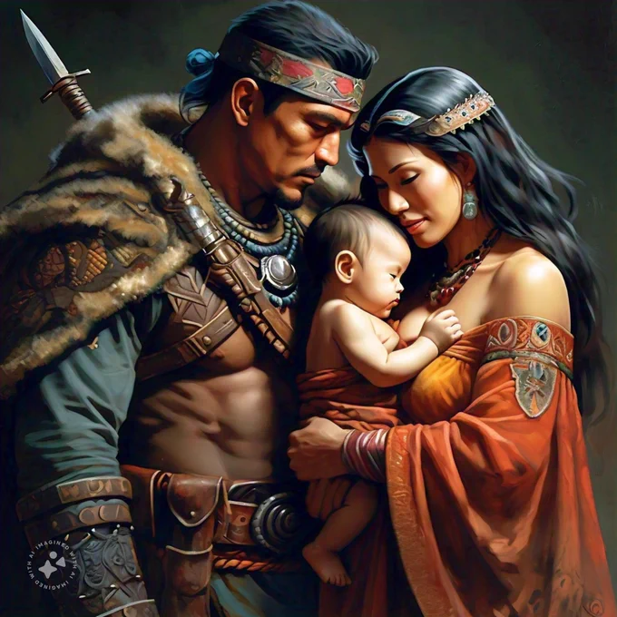 A warrior and a women with a infant in the style of Frank Frazetta with the man and woman being affectionate toward one another