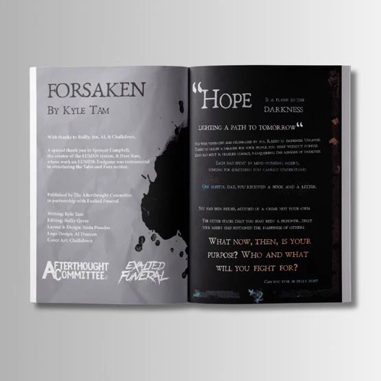 A two sided layout that says FORSAKEN By Kyle Tam and HOPE with other, quite small text.