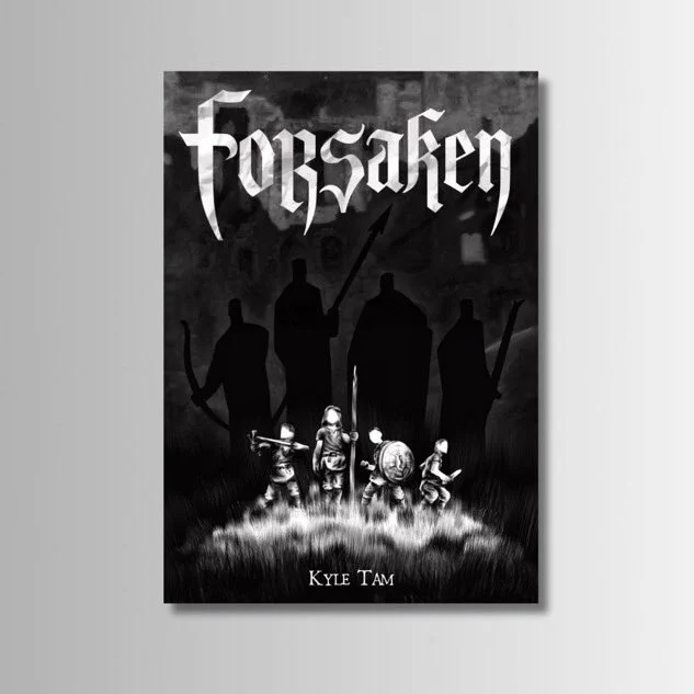 The text FORSAKEN over four children wielding a slingshot, wooden staff, garbage can lid, and dagger. Behind them are adult shadows holding a bow, spear, shield, and sword.