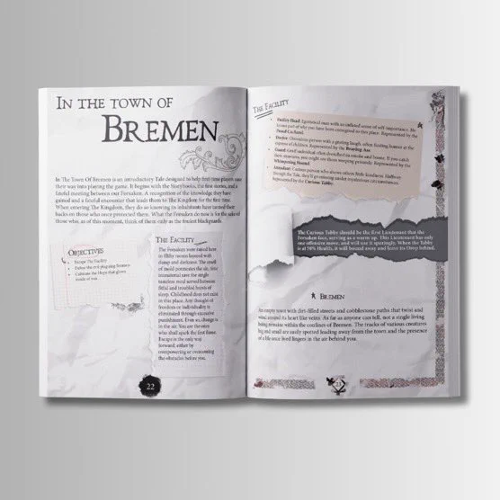 A two page layout titled IN THE TOWN OF BREMEN with an example adventure layout.
