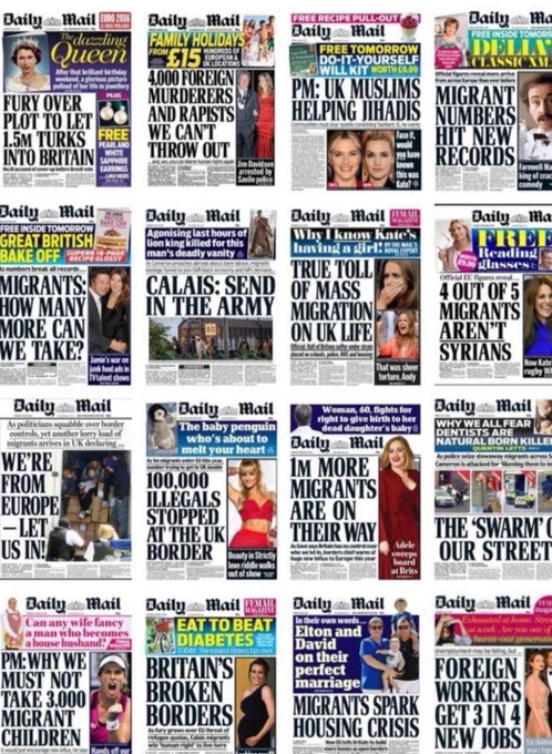 Collage of Daily Mail headlines that are anti-migrant and Islamophobic