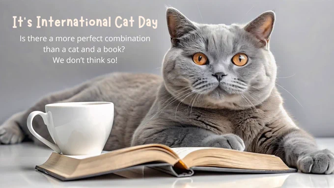 It's International Cat Day - is there a more perfect combination than a cat and a book (We don't think so). AI generated image of a lovely pedigree cat reading a book.